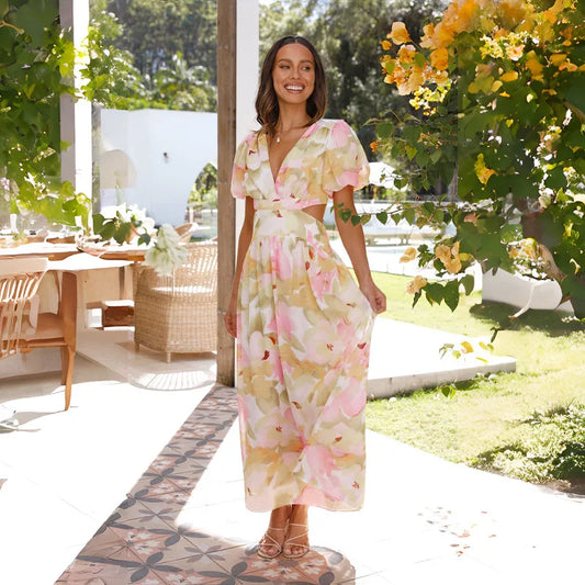 Floral Short Sleeve A-Line Ankle-Length V-Neck Puff Sleeve Spring/Summer Elegant Dress