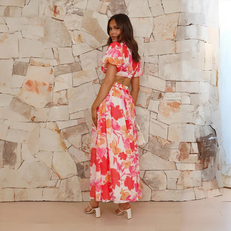 Floral Short Sleeve A-Line Ankle-Length V-Neck Puff Sleeve Spring/Summer Elegant Dress