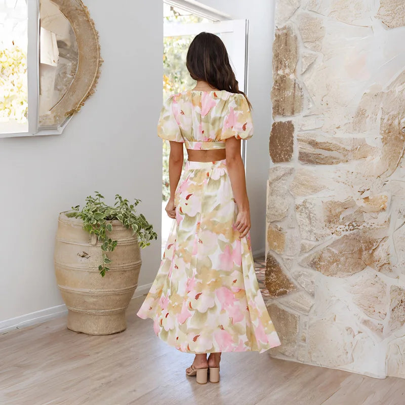 Floral Short Sleeve A-Line Ankle-Length V-Neck Puff Sleeve Spring/Summer Elegant Dress