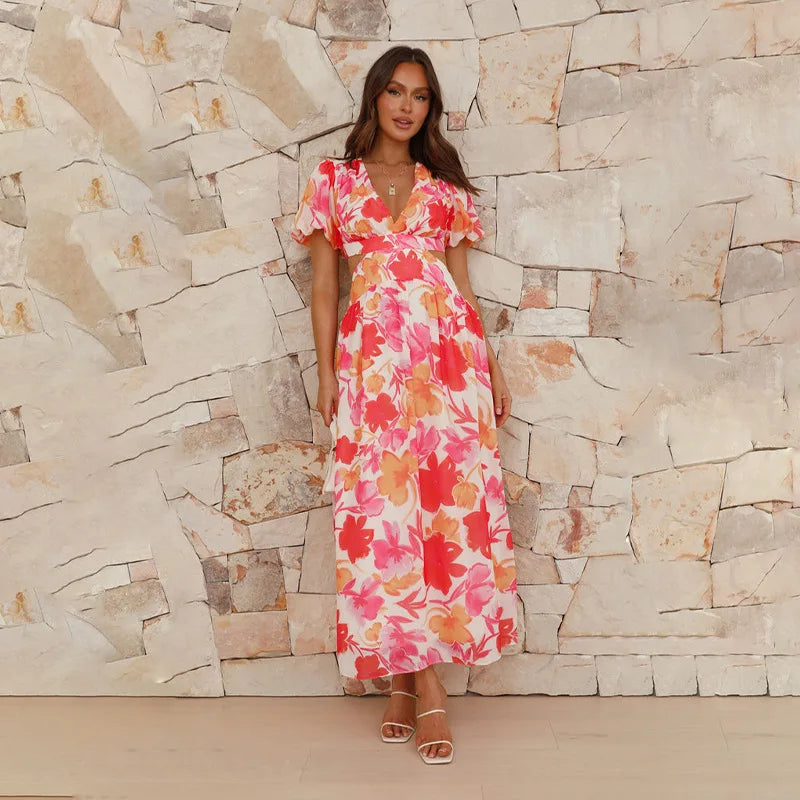Floral Short Sleeve A-Line Ankle-Length V-Neck Puff Sleeve Spring/Summer Elegant Dress