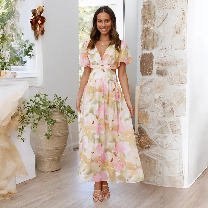 Floral Short Sleeve A-Line Ankle-Length V-Neck Puff Sleeve Spring/Summer Elegant Dress